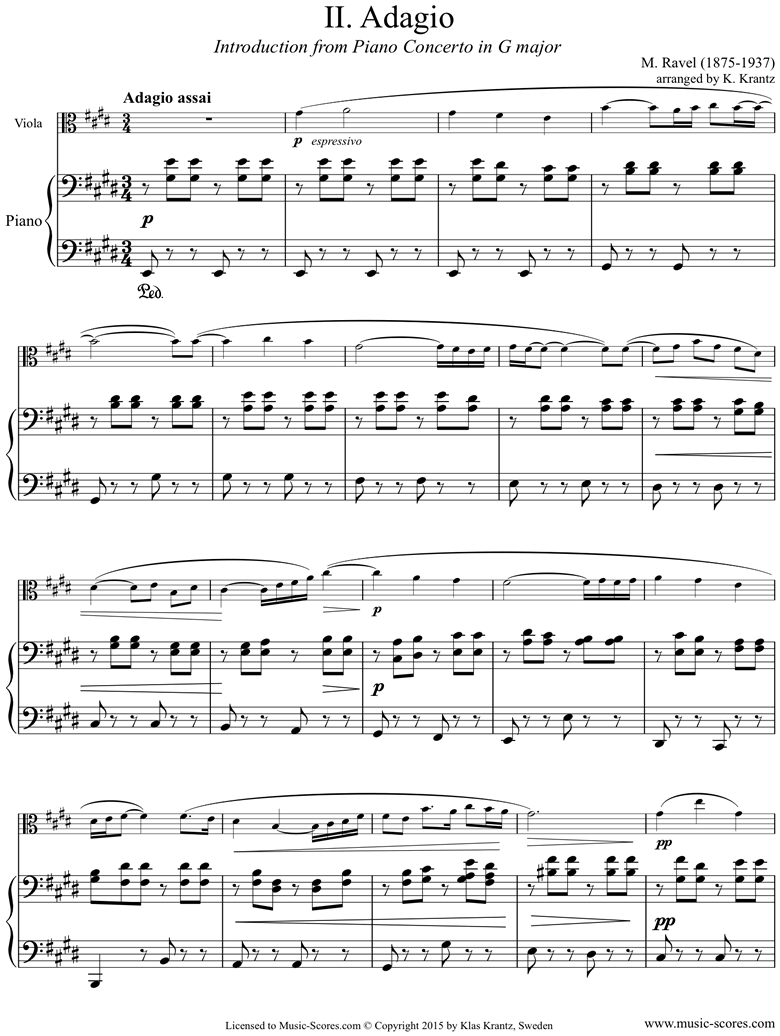 Front page of Piano Concerto in G ma, 2nd mvt: Viola, Piano sheet music
