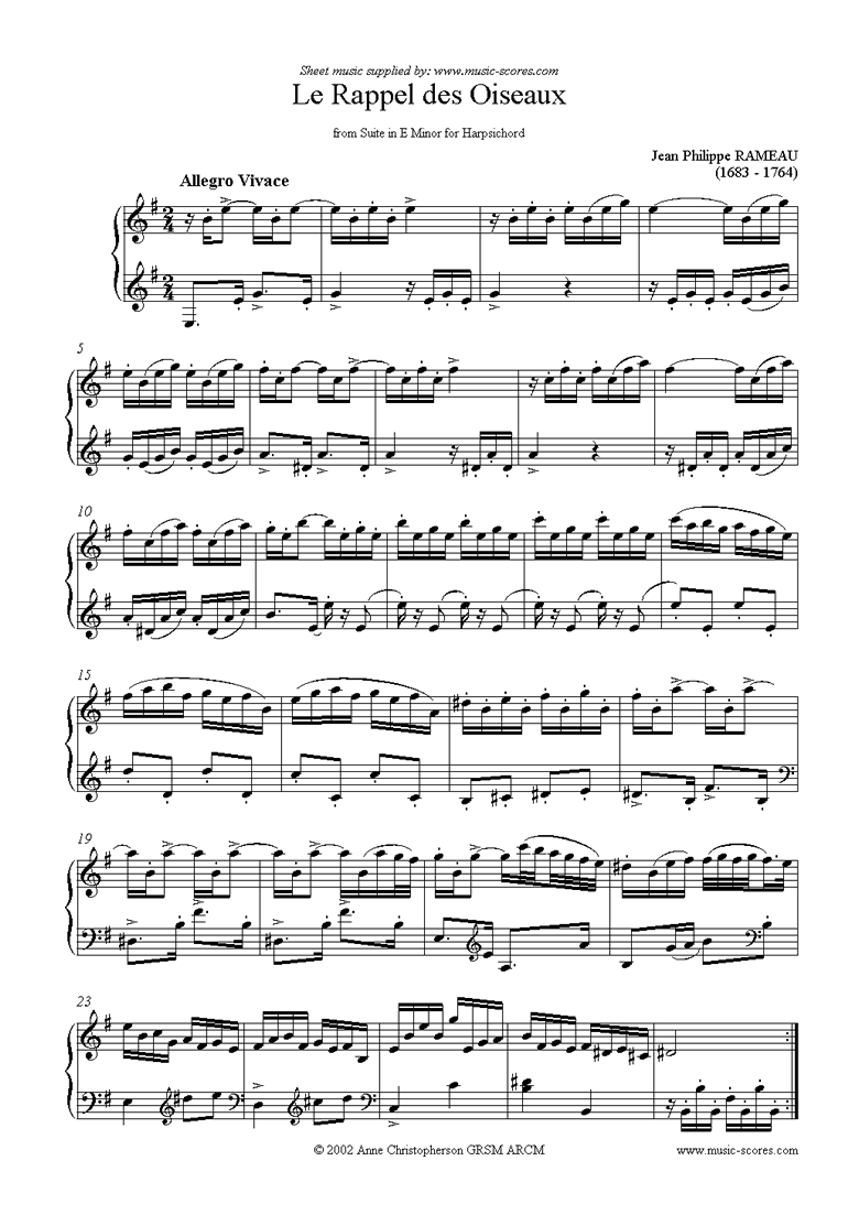 Front page of Le Rappel des Oiseaux: from Suite in E Minor sheet music