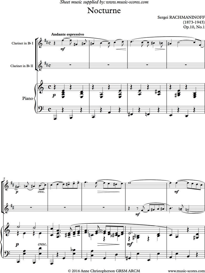 Front page of Op. 10, No.1:Nocturne: 2 Clarinets, Piano sheet music