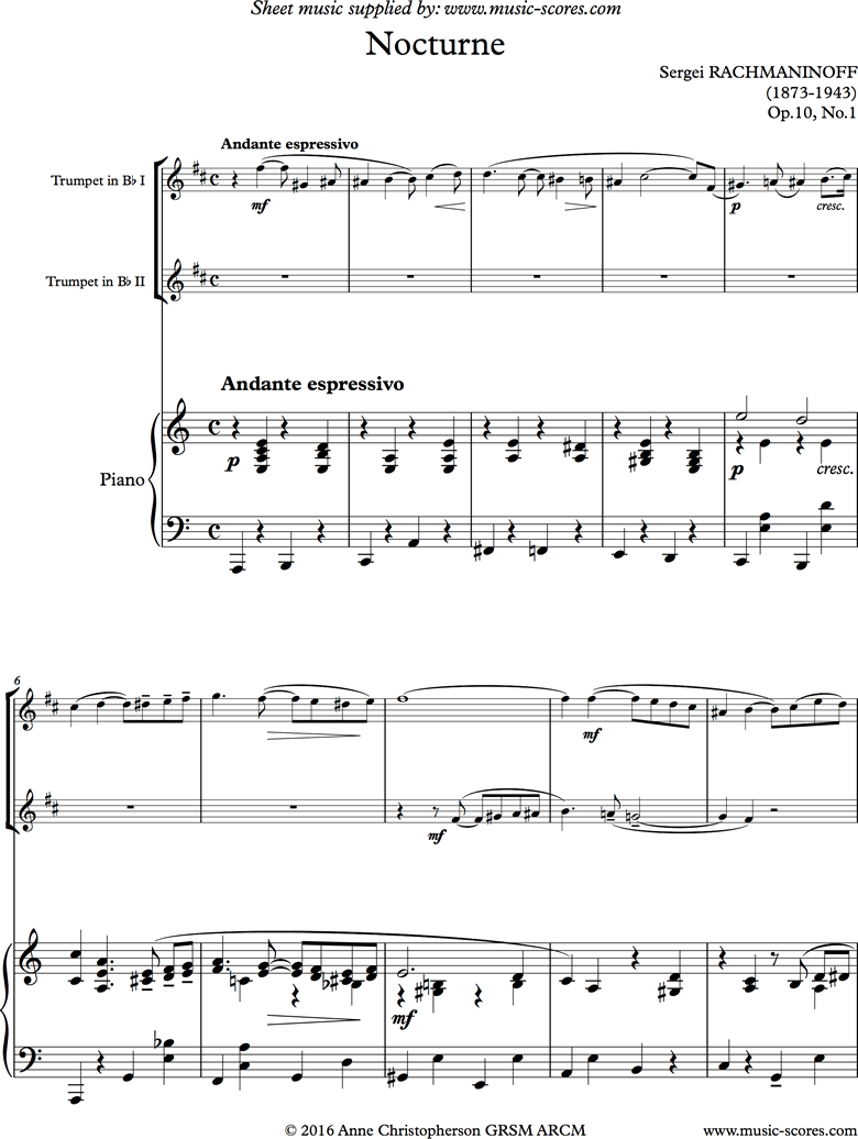 Front page of Op. 10, No.1:Nocturne: 2 Trumpets, Piano sheet music