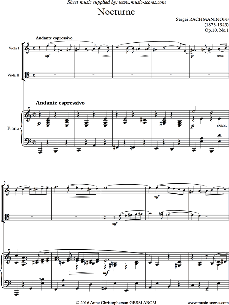 Front page of Op. 10, No.1:Nocturne: 2 Violas, Piano sheet music