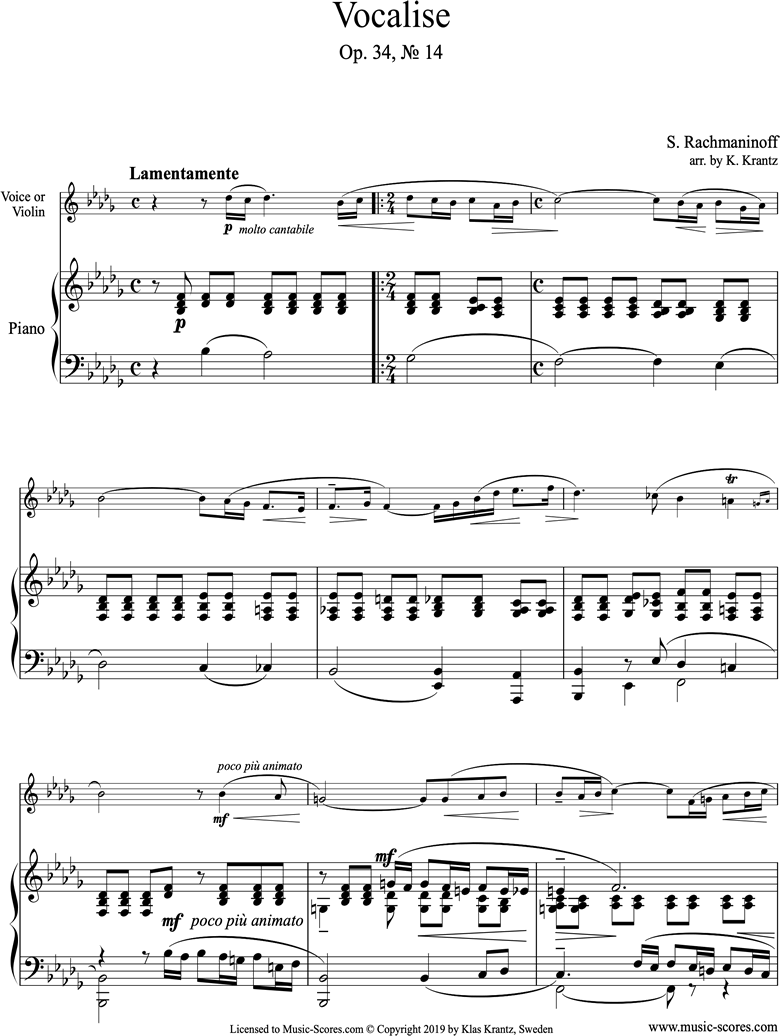 Op. 34, No.14:Vocalise: Violin or Voice, Piano: Bb minor by Rachmaninoff
