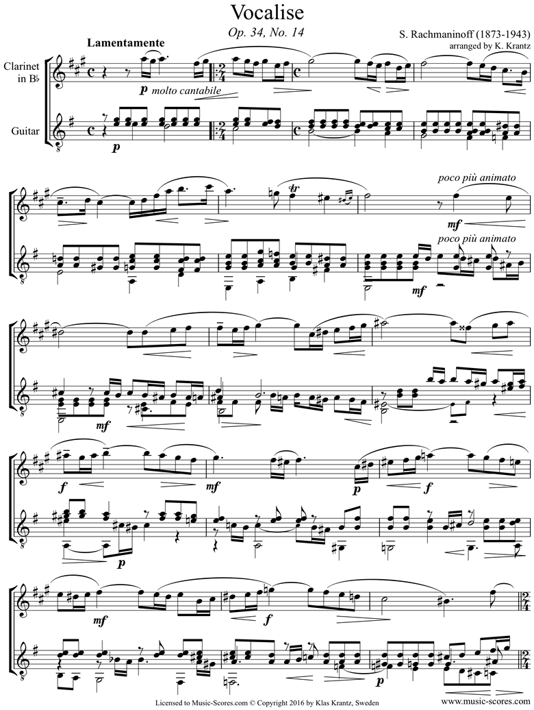 Front page of Op. 34, No.14:Vocalise: Clarinet, Guitar sheet music
