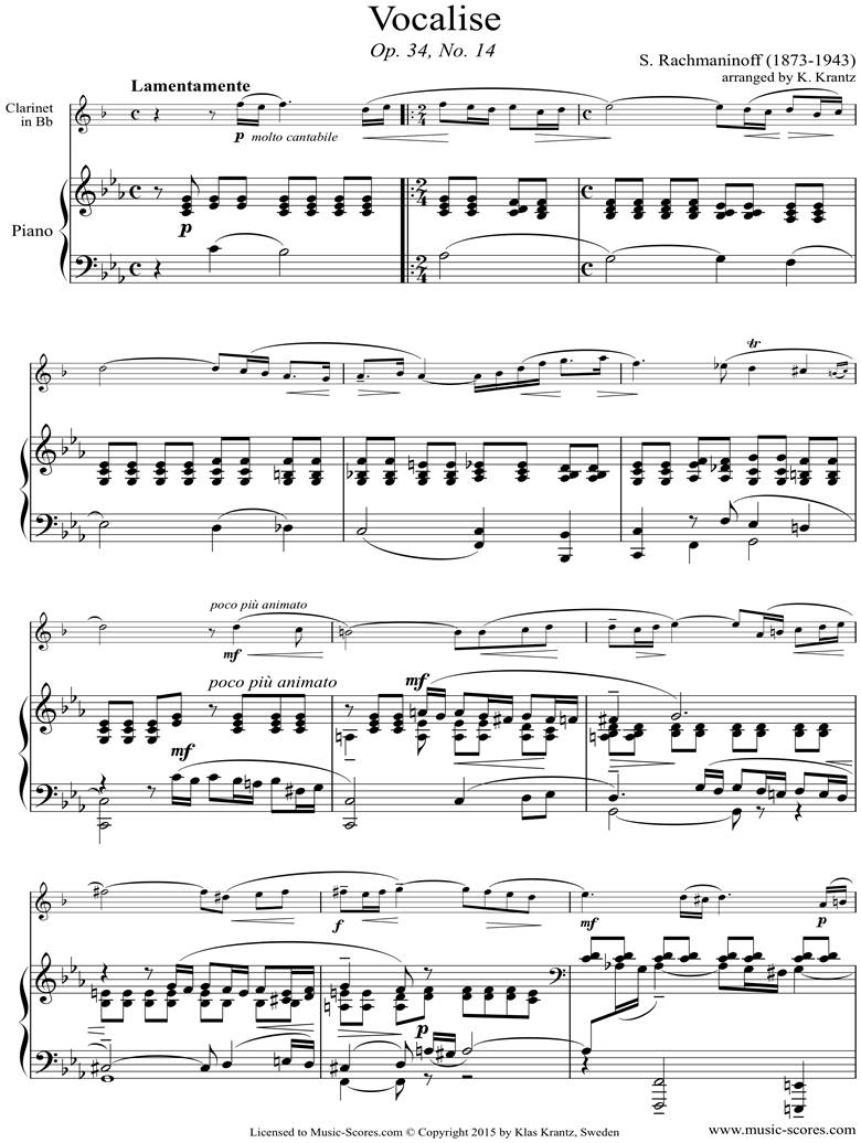 Front page of Op. 34, No.14:Vocalise: Clarinet, Piano sheet music