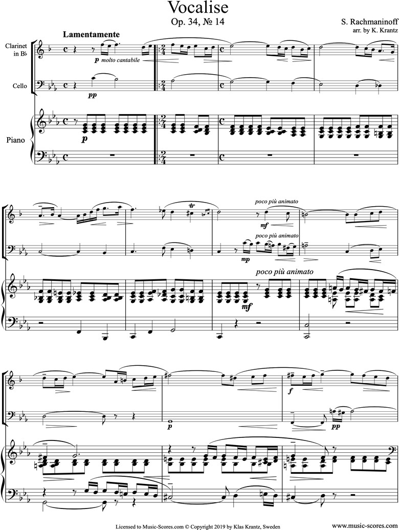 Front page of Op. 34, No.14:Vocalise: Clarinet, Cello, Piano sheet music