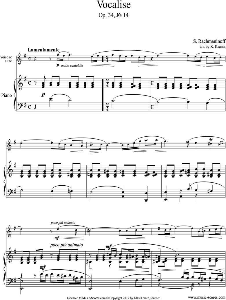 Front page of Op. 34, No.14:Vocalise: Flute, Piano sheet music