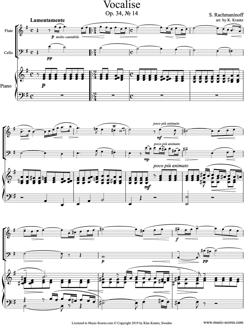 Front page of Op. 34, No.14:Vocalise: Flute, Cello, Piano sheet music