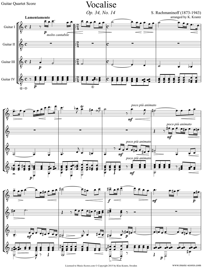 Front page of Op. 34, No.14:Vocalise: Guitar quartet sheet music