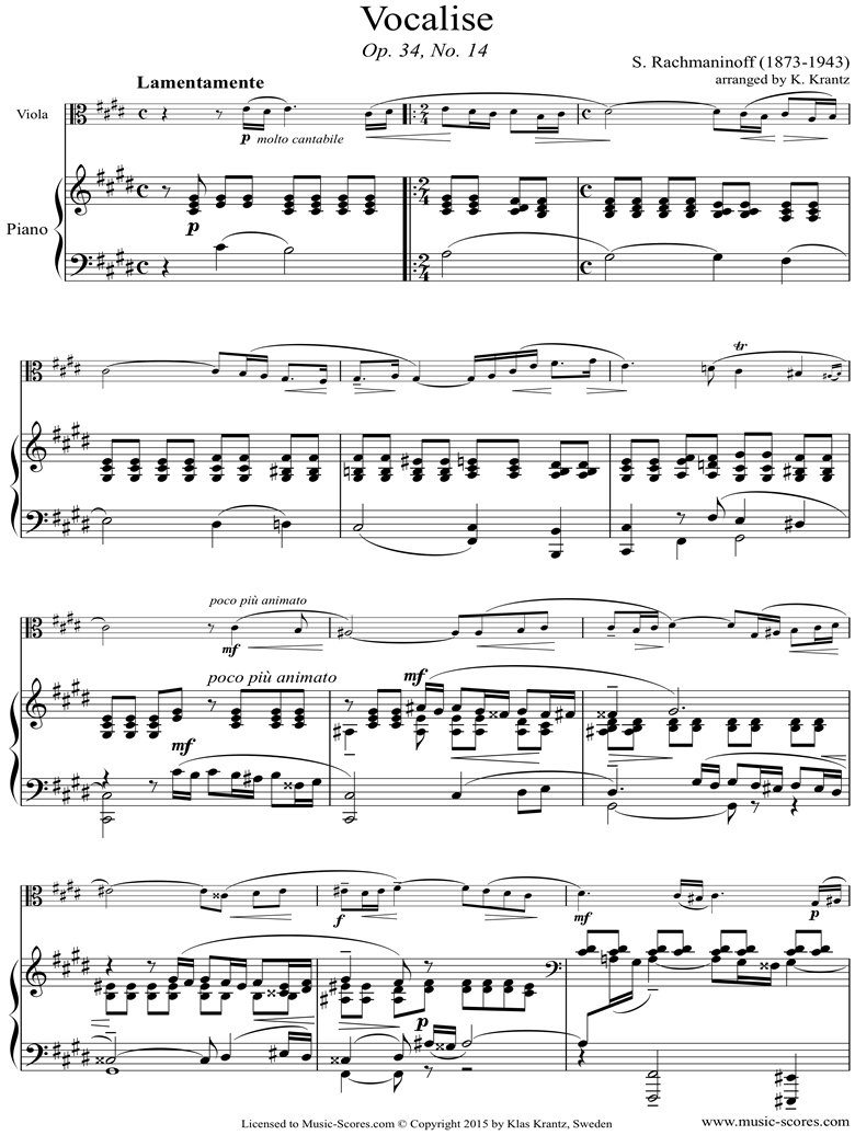 Front page of Op. 34, No.14:Vocalise: Viola, Piano sheet music
