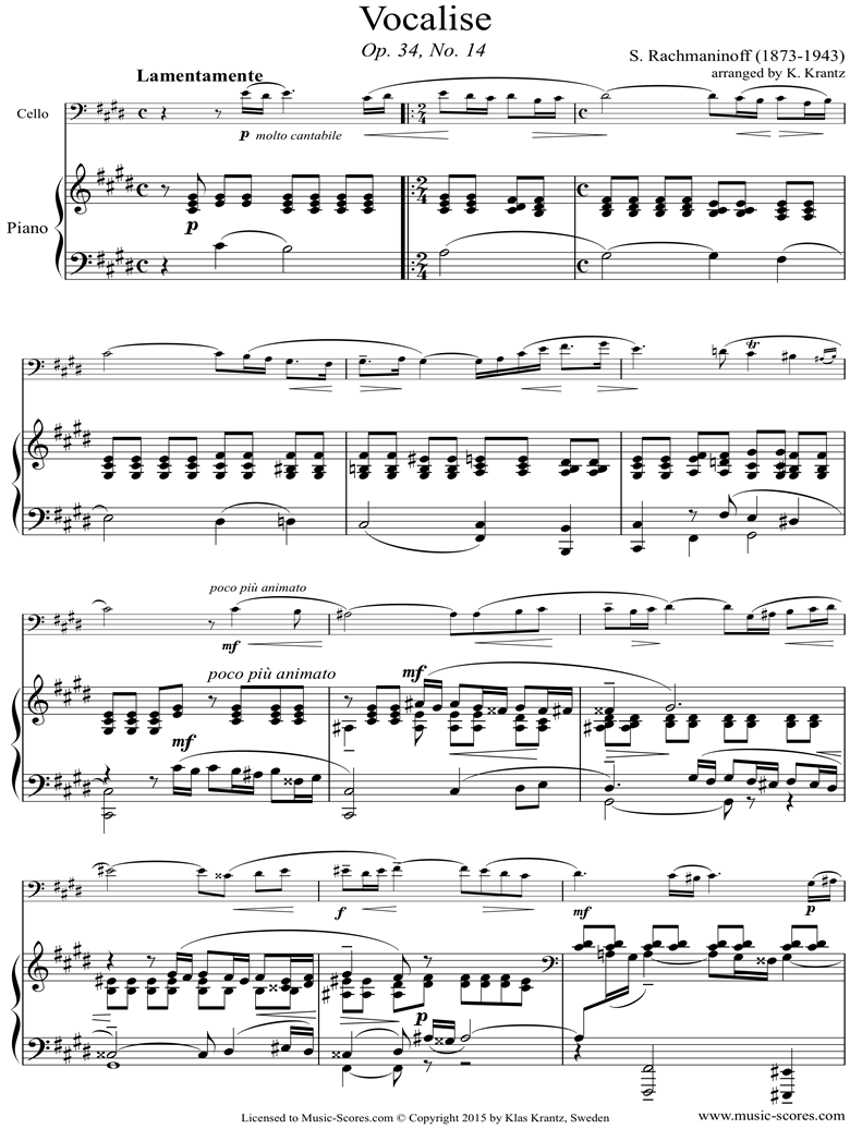 Front page of Op. 34, No.14:Vocalise: Cello, Piano sheet music