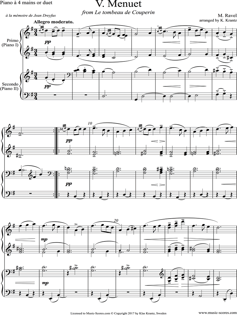 Front page of Tombeau de Couperin, 5: Menuet: Piano Duet sheet music