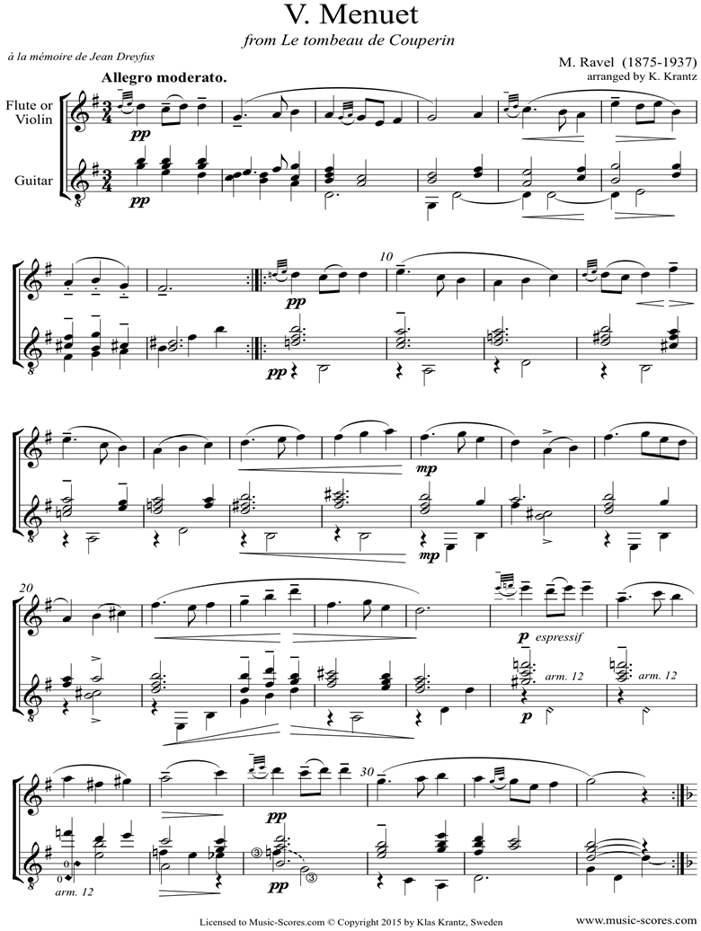 Front page of Tombeau de Couperin, 5: Menuet: Flute, Guitar sheet music