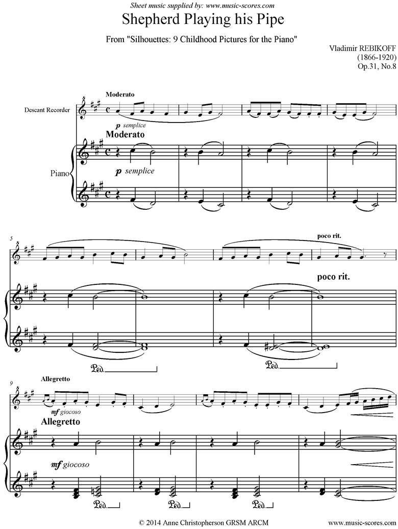 Front page of Shepherd Playing His Pipe: Descant Recorder sheet music