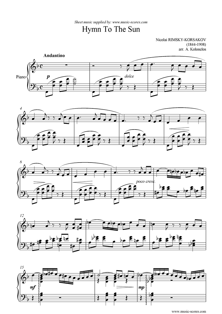 Front page of Hymn To The Sun: from Le Coq dOr Suite sheet music