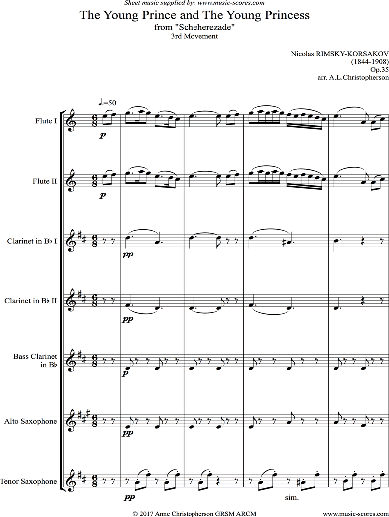 Front page of Scheherezade Op. 35: 3rd Mvt: Flute, Clarinet, Bass Clarinet, Alto Sax, tenor Sax sheet music