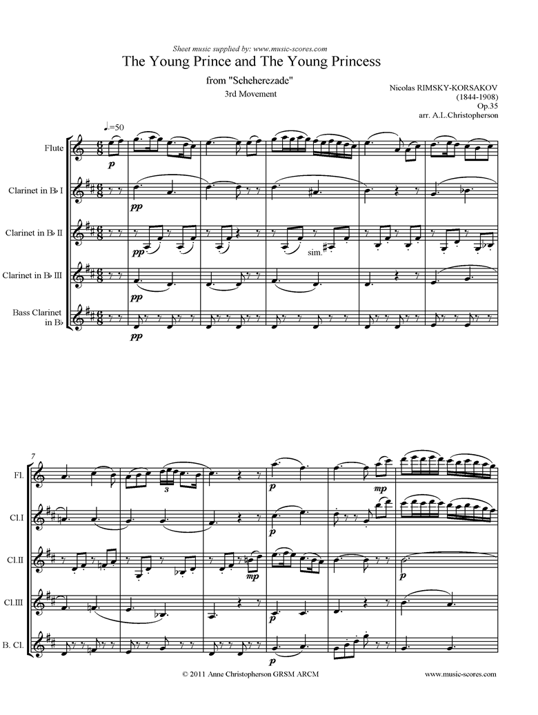 Front page of Scheherezade Op. 35: 3rd Mvt: Flute, 3 Clarinets, Bass Cl sheet music