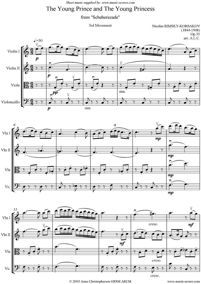 Front page of Scheherezade Op. 35: 3rd Mvt: 2Vns, Viola, Cello sheet music