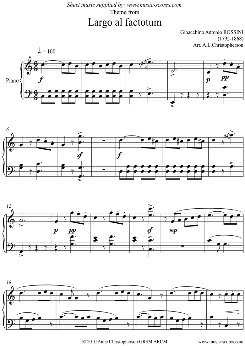 Front page of Largo al Factotum, abridged: Piano sheet music