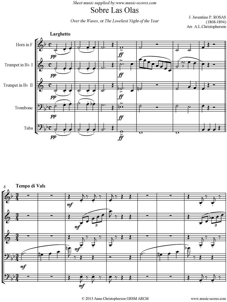 Sobre Las Olas: Over the Waves: Brass Quintet by Rosas