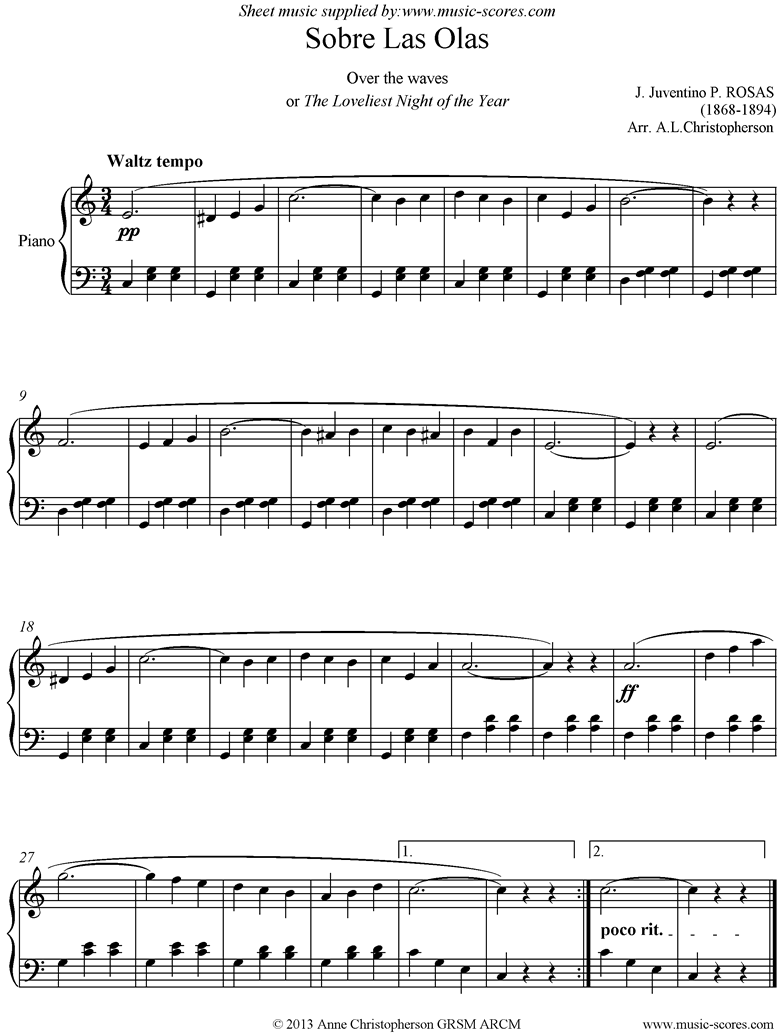 Front page of Sobre Las Olas: Over the Waves: Easy Piano sheet music