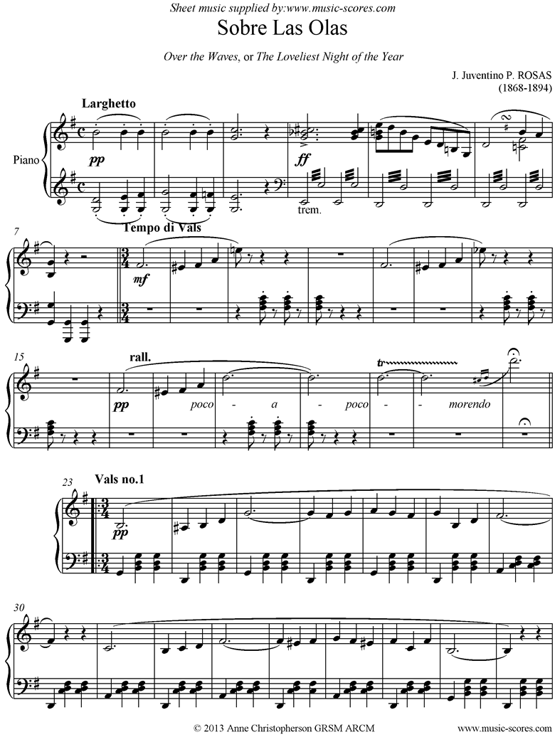 Front page of Sobre Las Olas: Over the Waves: Piano sheet music