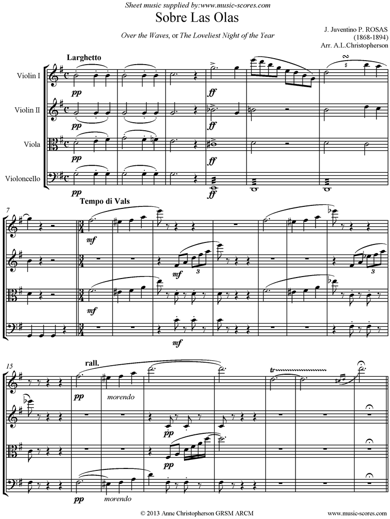 Front page of Sobre Las Olas: Over the Waves: String Quartet sheet music