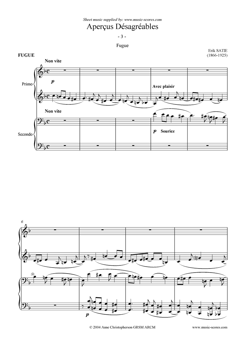Front page of Apercus Desagreables: 3 Fugue: Piano Duet sheet music
