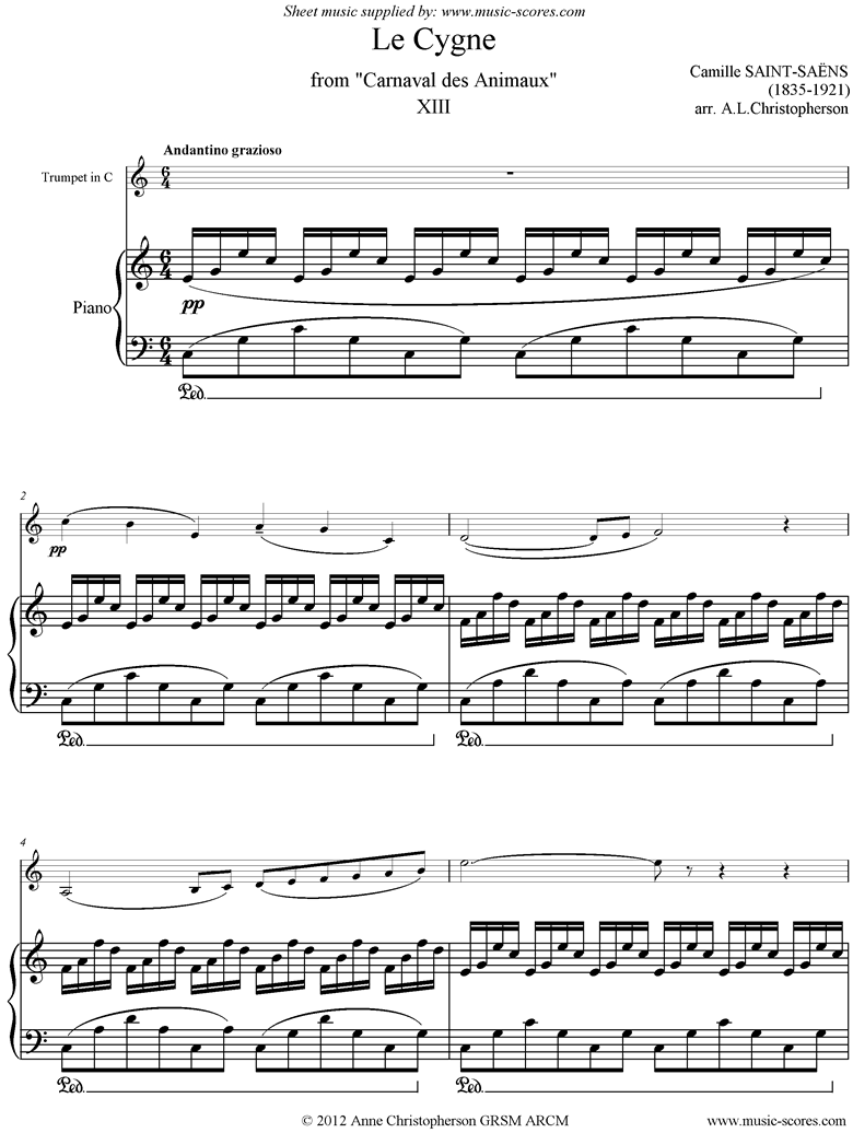 Front page of Le Carnaval des Animaux: 13 Le Cygne - trumpet in C sheet music