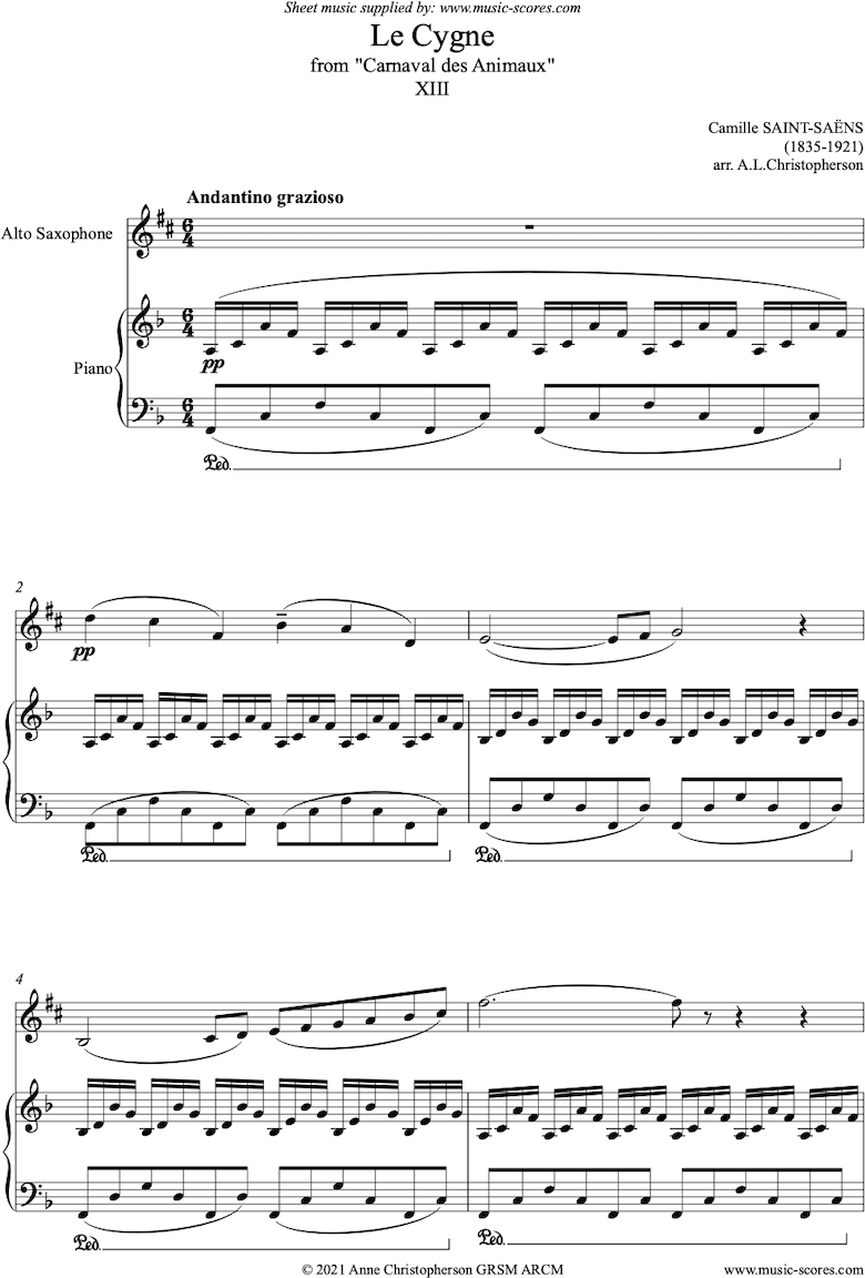 Front page of Le Carnaval des Animaux: 13 Le Cygne - alto sax sheet music