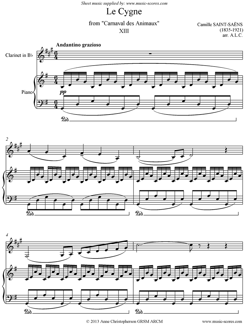 Front page of Le Carnaval des Animaux: 13 Le Cygne - clarinet sheet music