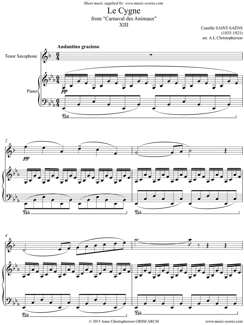 Front page of Le Carnaval des Animaux: 13 Le Cygne - Tenor sax, Eb ma sheet music