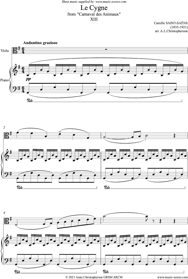 Front page of Le Carnaval des Animaux: 13 Le Cygne - viola sheet music