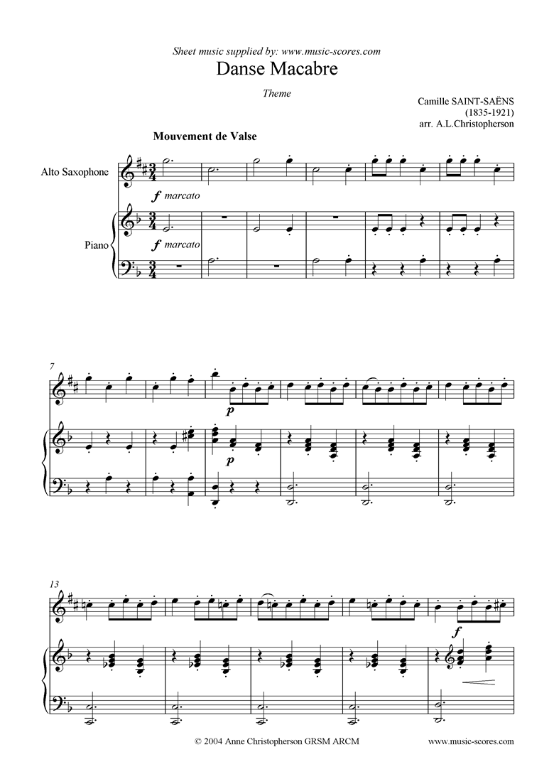 Front page of Danse Macabre theme : alto saxophone sheet music