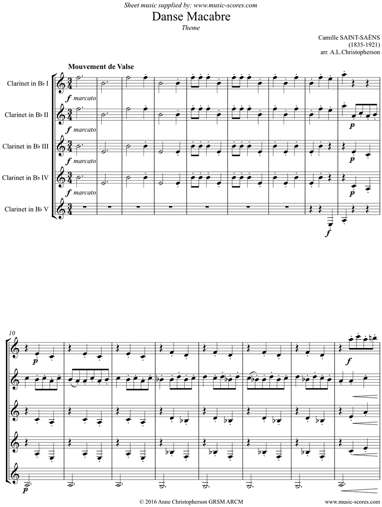 Front page of Danse Macabre theme : 5 Clarinets sheet music