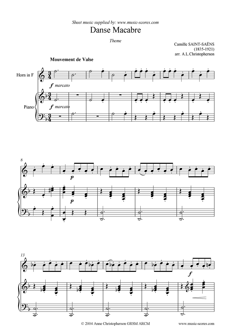 Front page of Danse Macabre theme : french horn sheet music