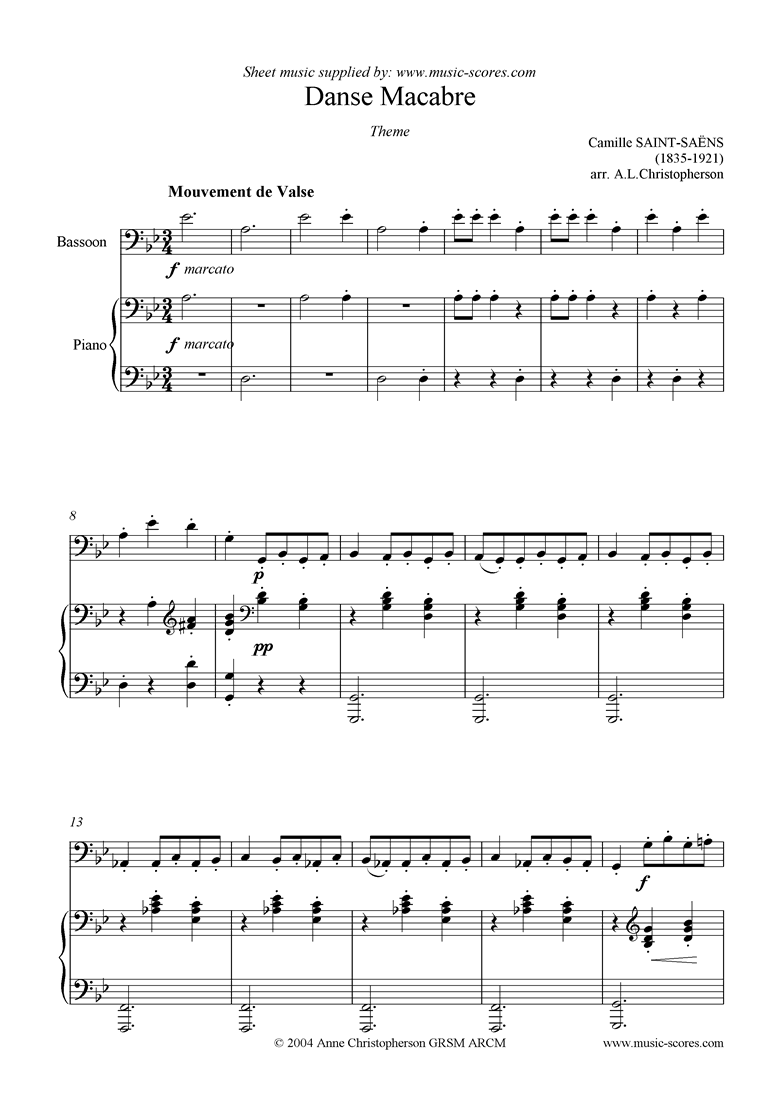 Front page of Danse Macabre theme : bassoon sheet music