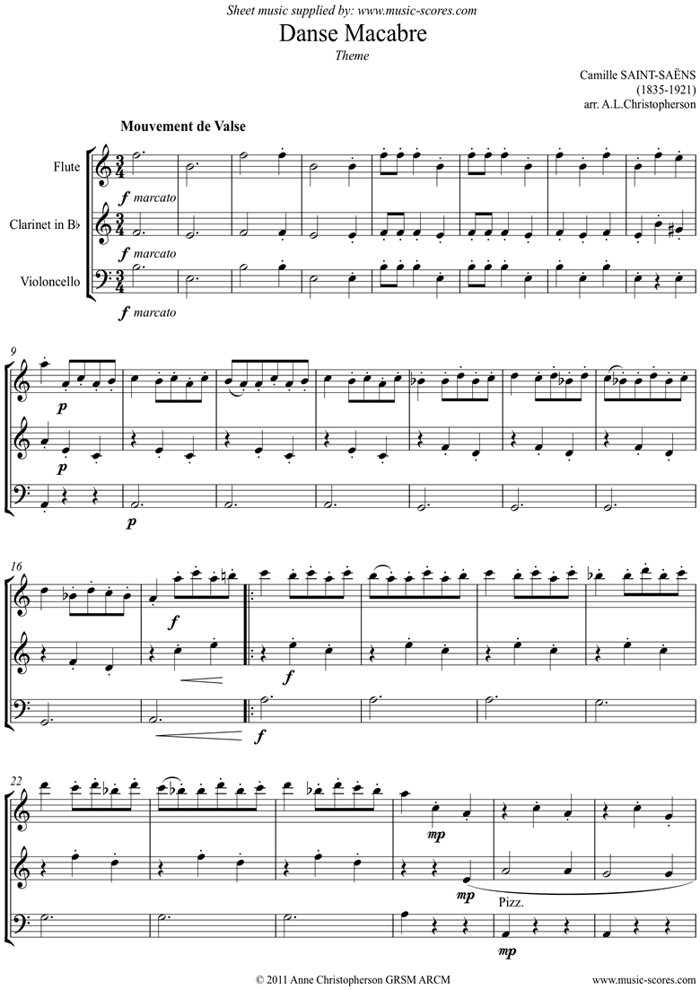 Front page of Danse Macabre theme : flute, clarinet, cello sheet music