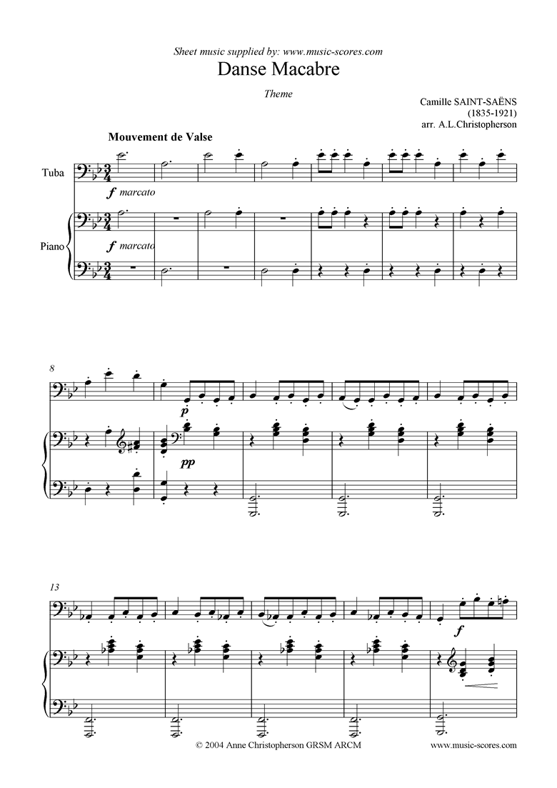 Front page of Danse Macabre theme : tuba sheet music