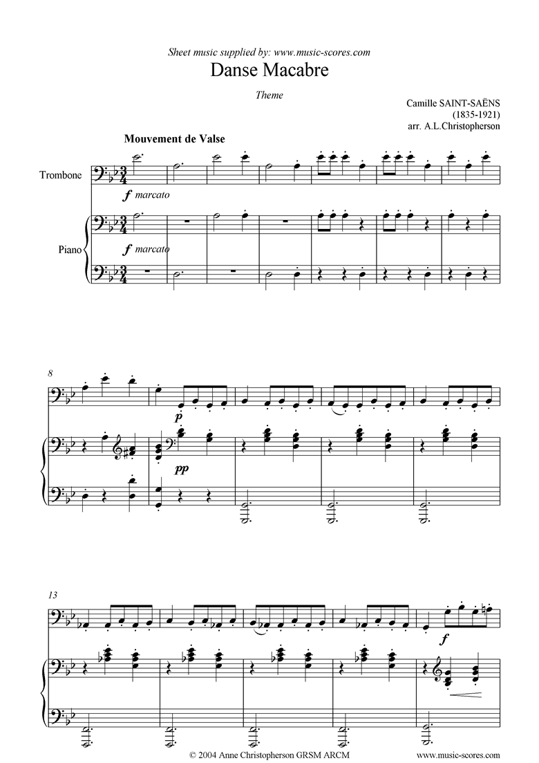 Front page of Danse Macabre theme : trombone sheet music