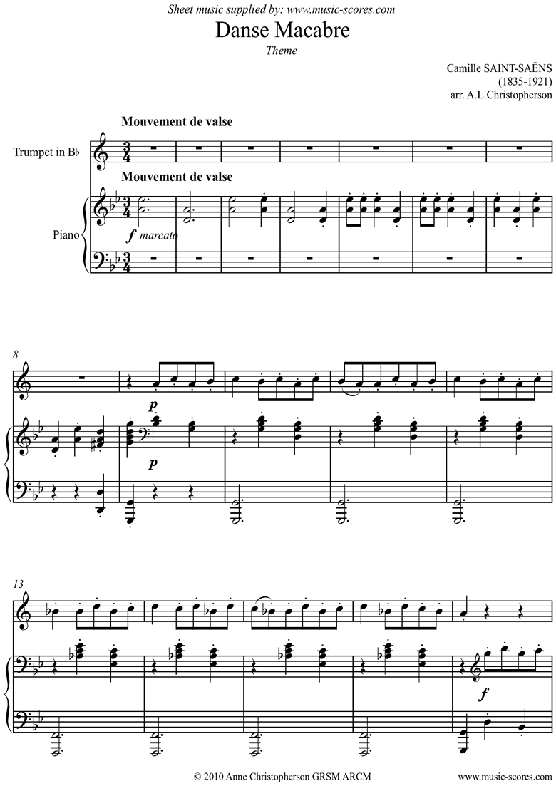 Front page of Danse Macabre theme : trumpet sheet music