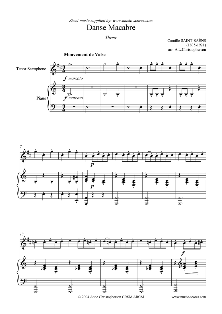 Front page of Danse Macabre theme : Tenor Sax sheet music