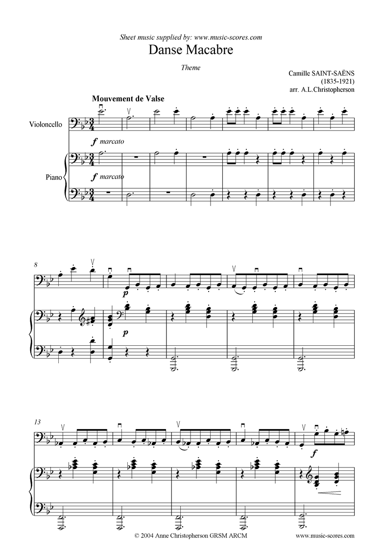 Front page of Danse Macabre theme : cello sheet music