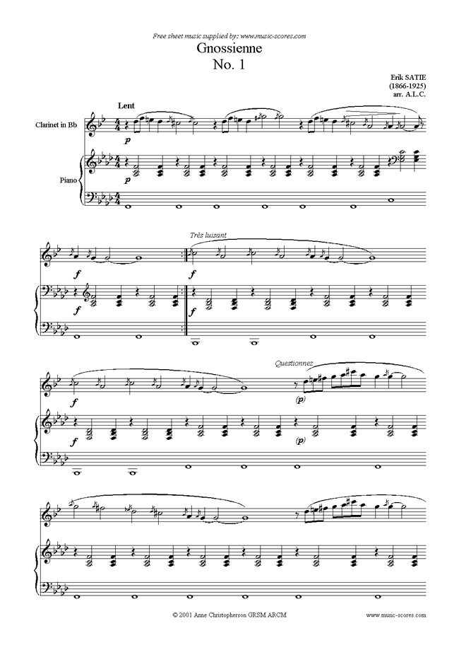Front page of Gnossienne: No. 1: Clarinet sheet music