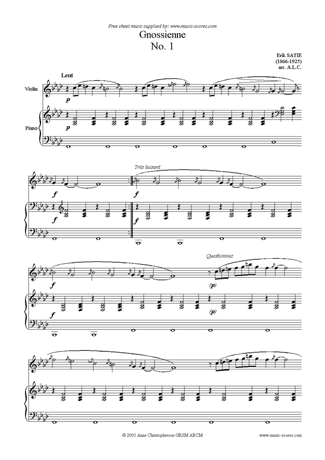 Front page of Gnossienne: No. 1: Violin sheet music