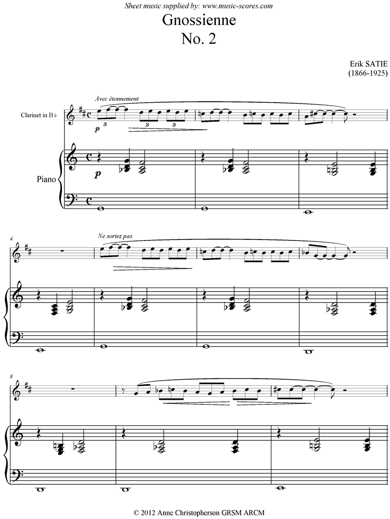 Front page of Gnossienne: No. 2: Clarinet sheet music