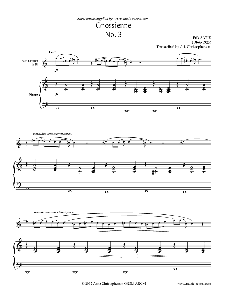 Front page of Gnossienne: No. 3: Bass Clarinet, Piano sheet music