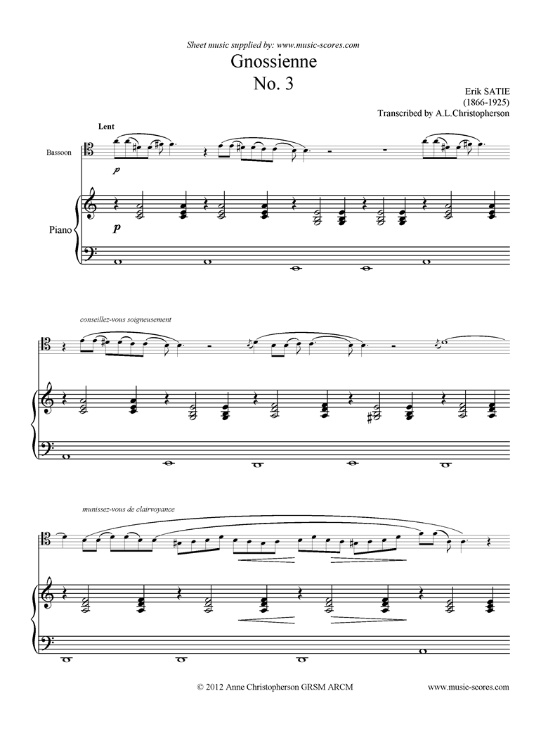 Front page of Gnossienne: No. 3: Bassoon, Piano sheet music