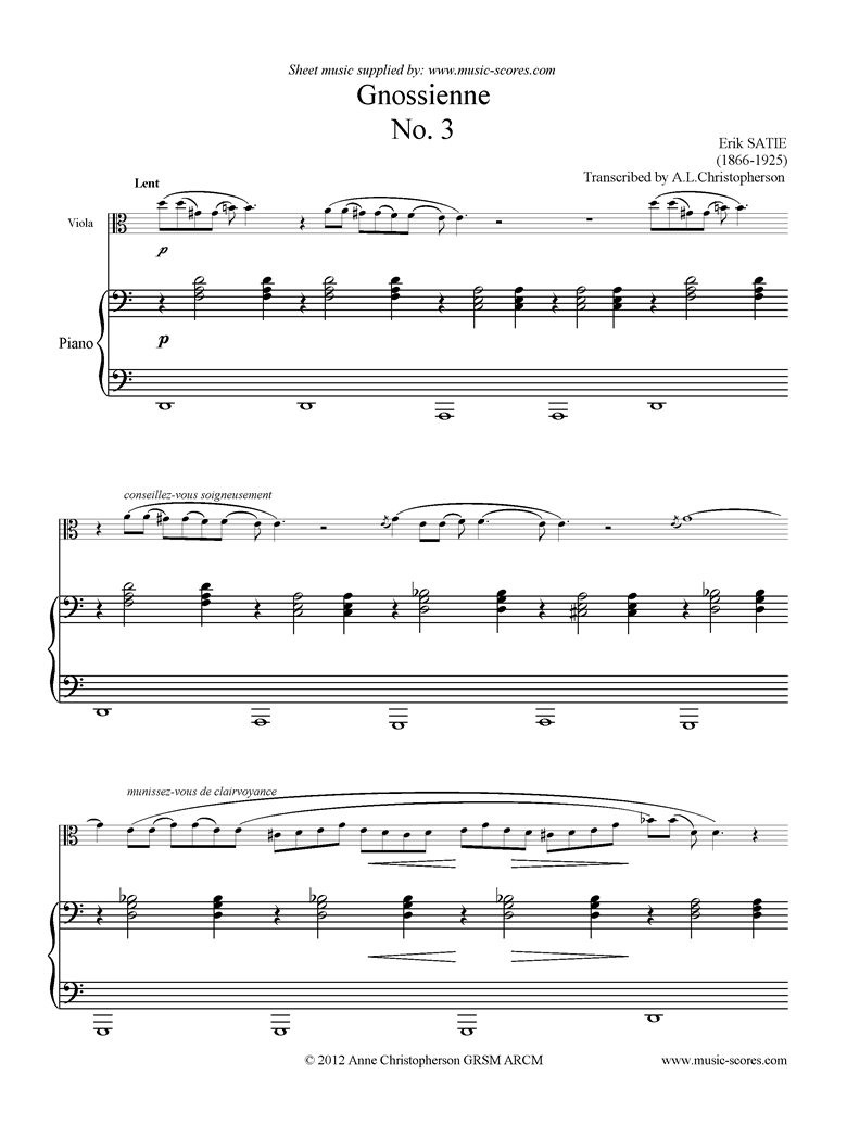 Front page of Gnossienne: No. 3: Viola, Piano sheet music