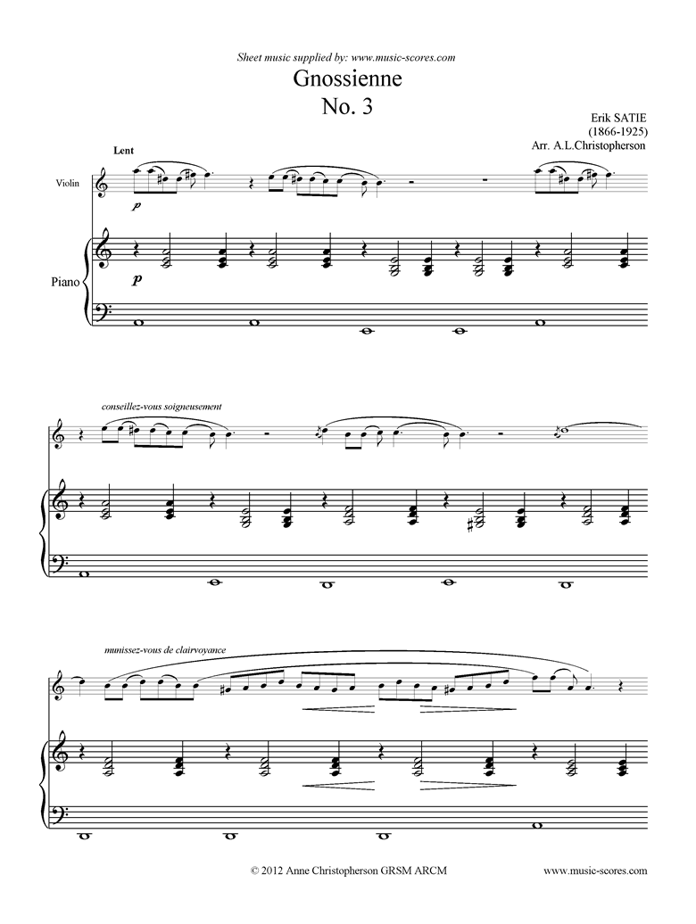 Front page of Gnossienne: No. 3: Violin, Piano sheet music
