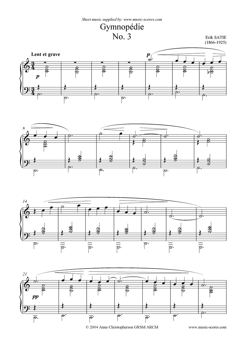Satie. Gymnop die No.3 Piano classical sheet music